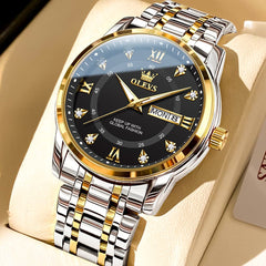 OLEVS Diamond Dial Day Date Quartz Watch 5513 Steel Band for Men