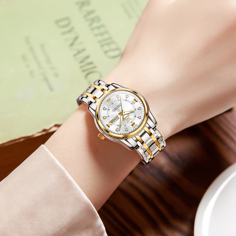 OLEVS Diamond Dial Day Date Quartz Watch 5513 Steel Band for Women