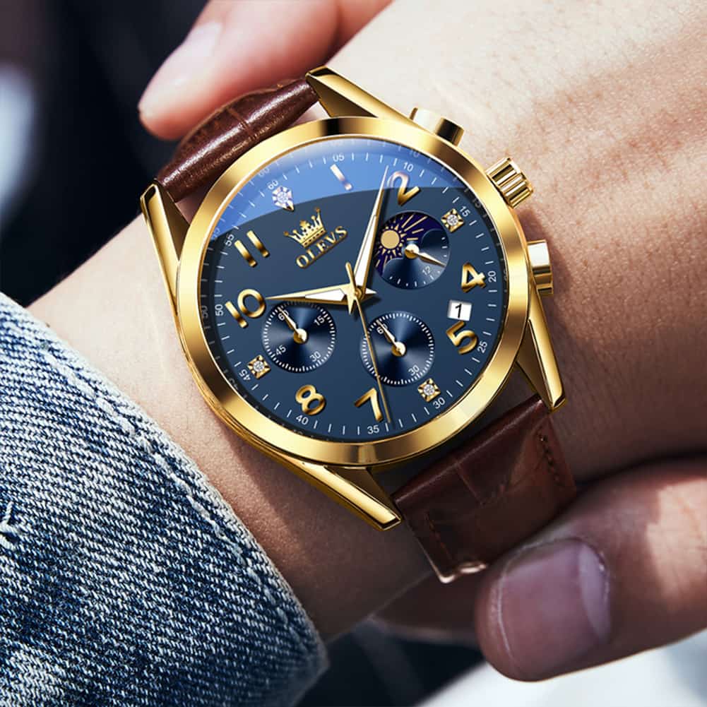 OLEVS 2890 Leather Chronograph Moon Phase Watch for Men