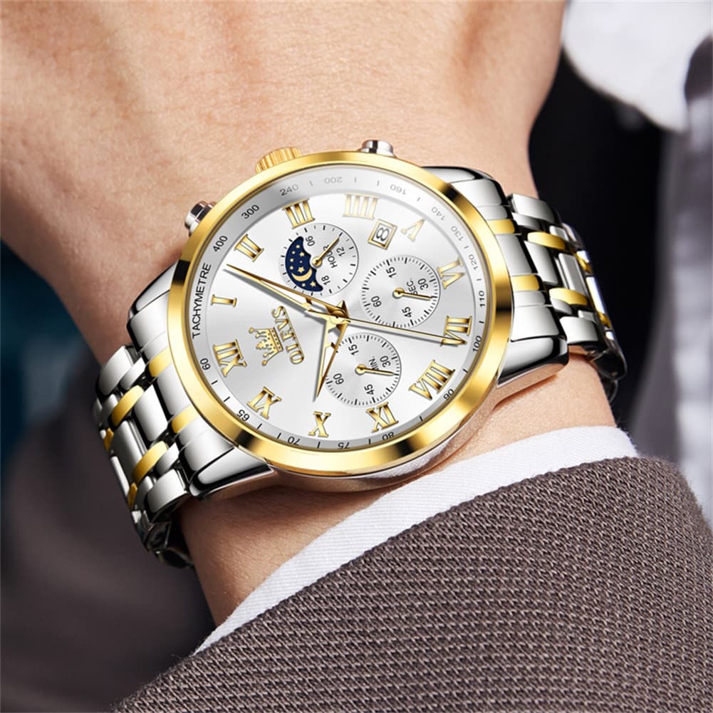 OLEVS Chronograph Moon Phase Dress Watch for Men Stainless Steel 5529