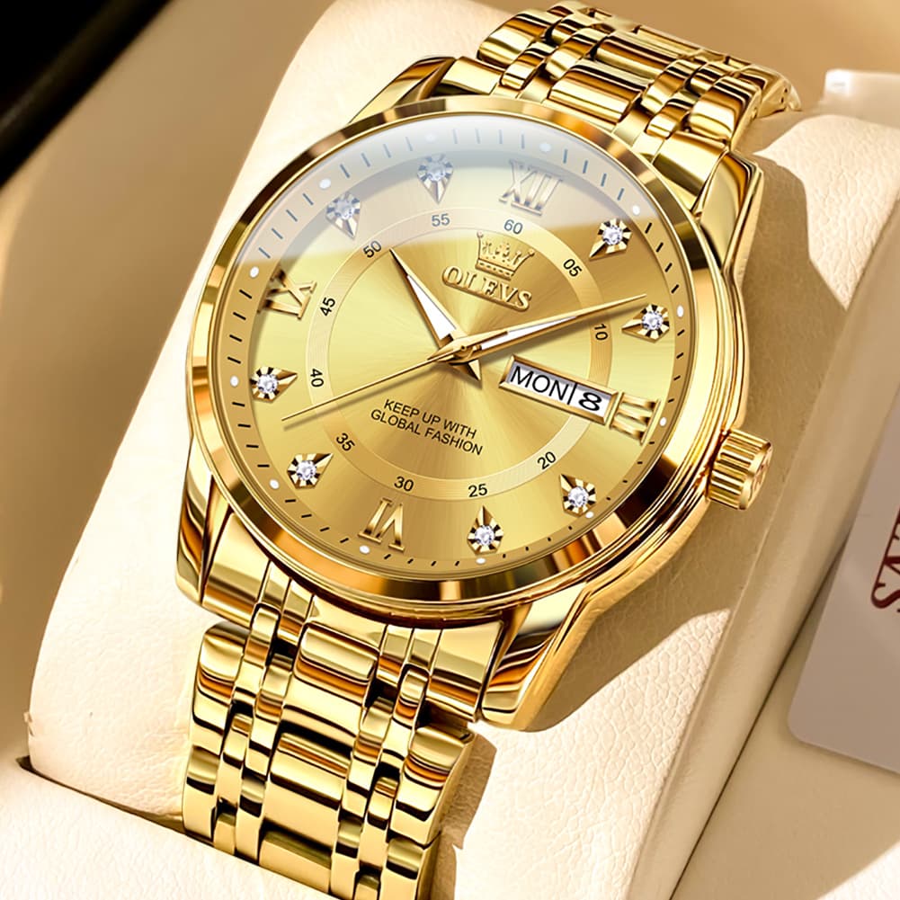 OLEVS Diamond Dial Day Date Quartz Watch 5513 Steel Band for Men