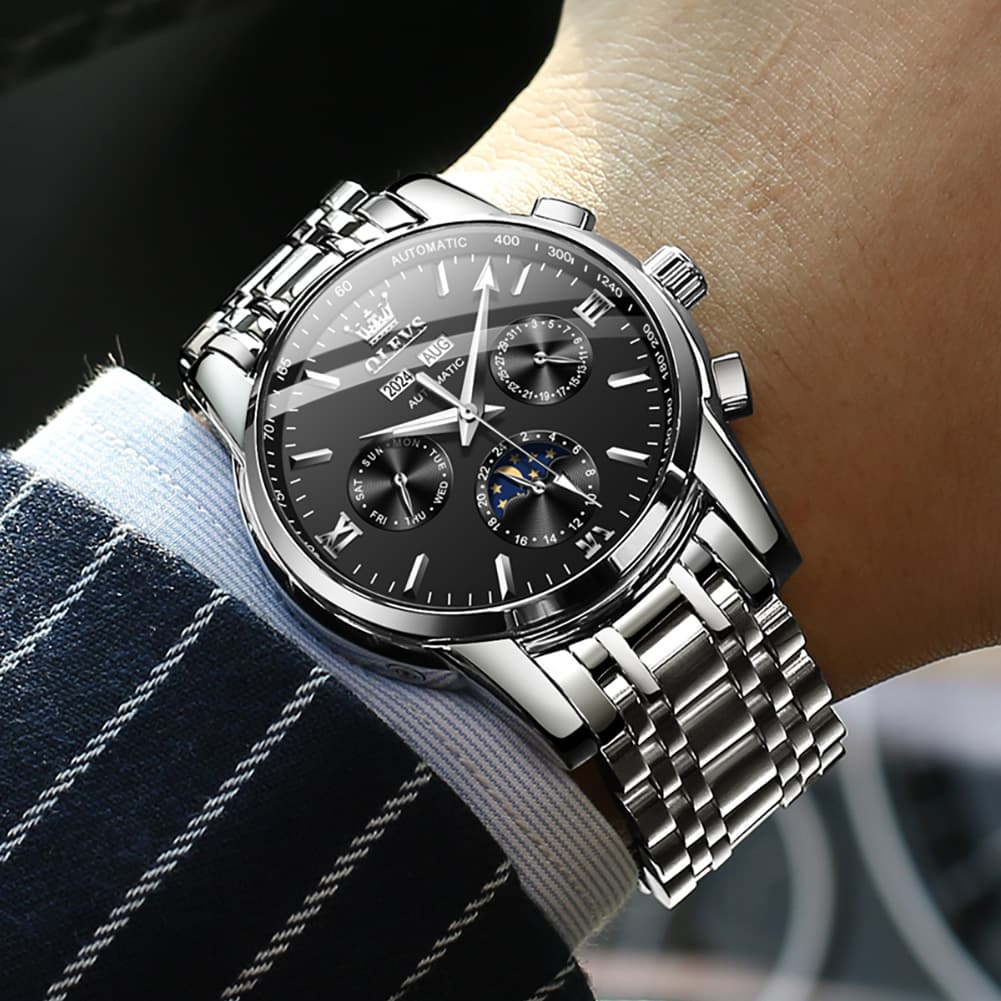 OLEVS 6633 Stainless Steel Mechanical Moon Phase Watch for Men