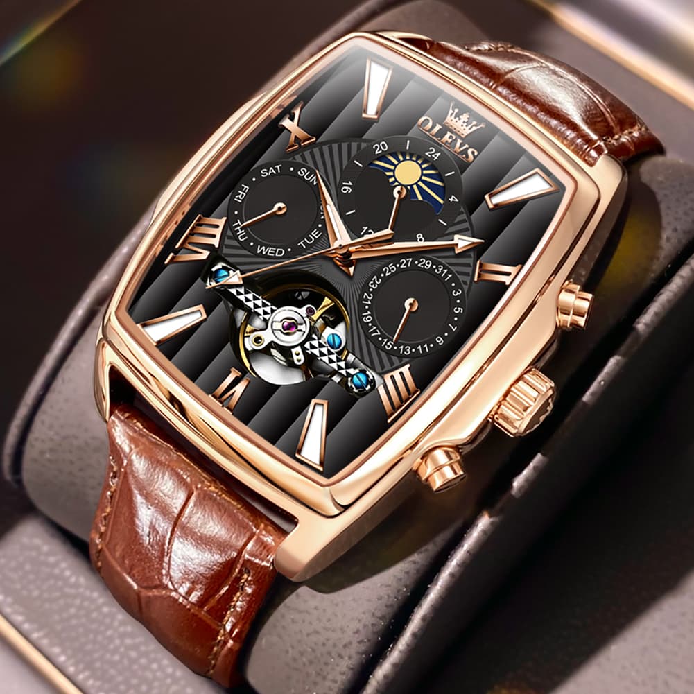 OLEVS 6675 Square Mechanical Moon Phase Watch for Men