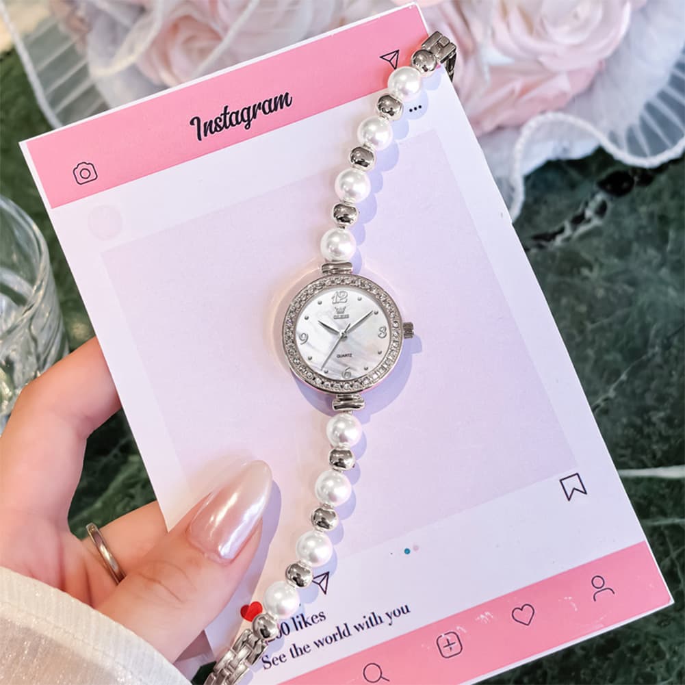 OLEVS Women Pearl Bracelet Watch Diamond Bezel Mother of Pearl Quartz 5640