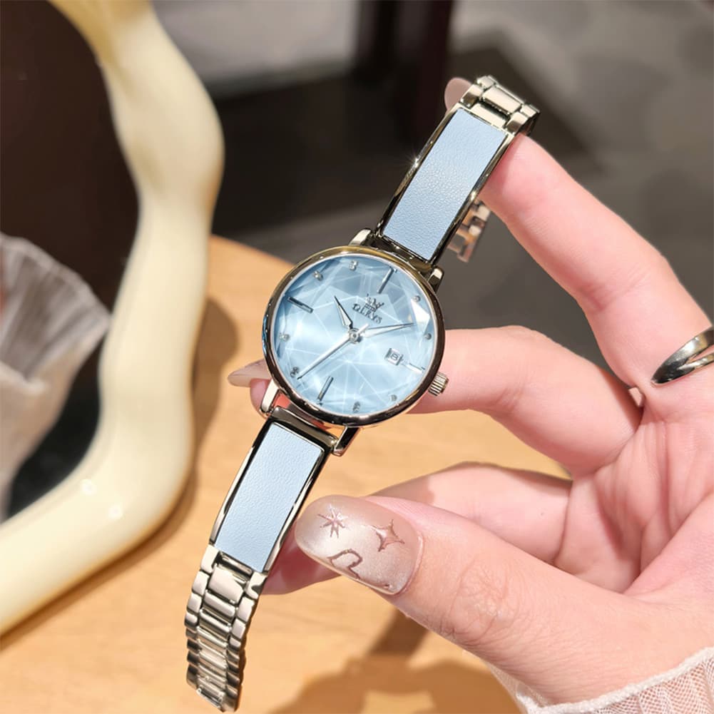 OLEVS 5656 Diamond Cut Faceted Crystal Quartz Watch Leather or Steel Bracelet Elegant Dress Timepiece for Women