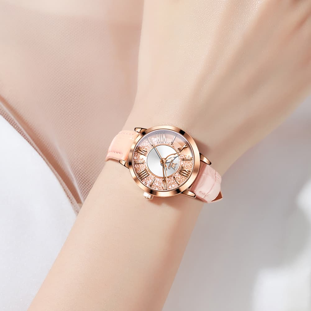 OLEVS Flowing Quicksand Crystal Dress Watch for Women Leather Strap 5539