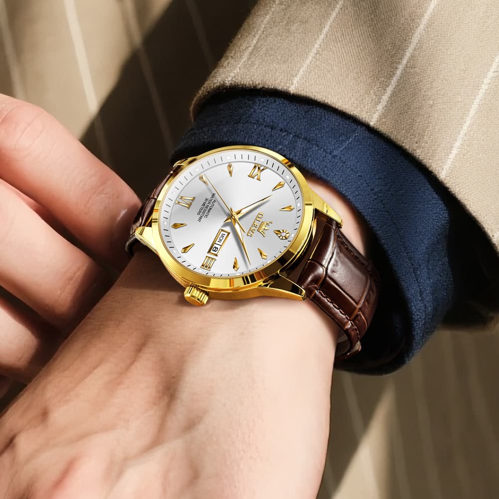 OLEVS Diamond Dial Day Date Automatic Mechanical Watch 9956 Leather Strap for Men