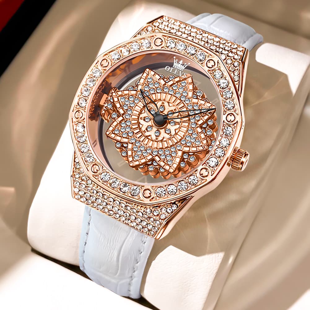 OLEVS 9996 Rotatable Diamond Bezel Leather Watch for Women