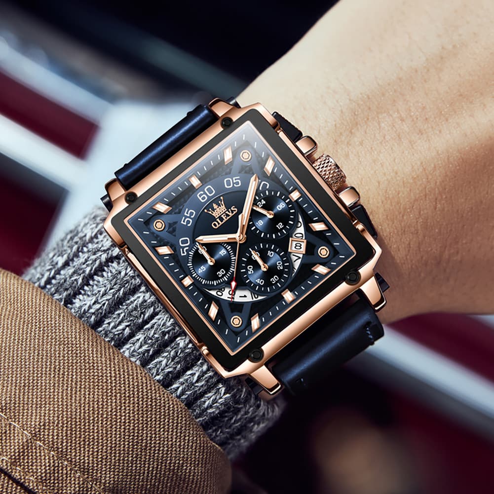 OLEVS 9919 Large Square Chronograph Leather Watch for Men
