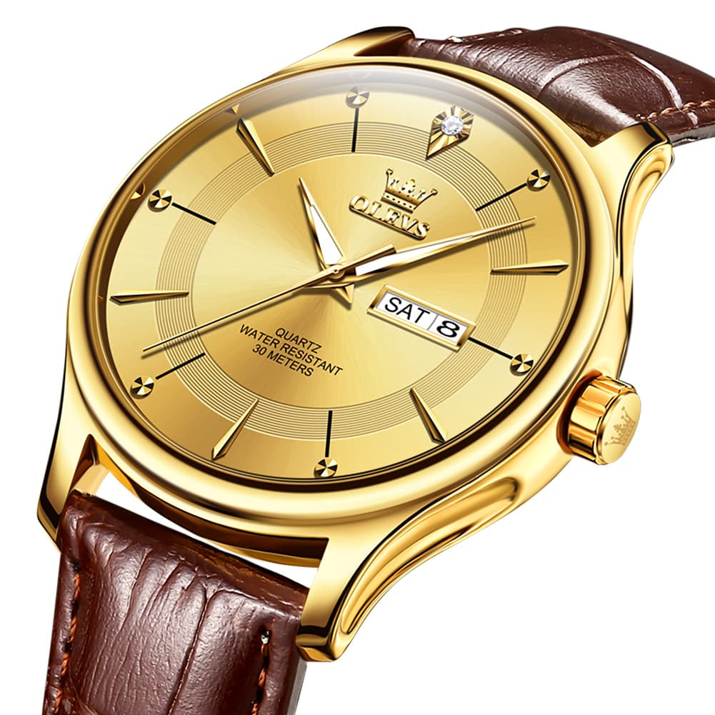 OLEVS 9908 Diamond Accent Day Date Quartz Watch for Men