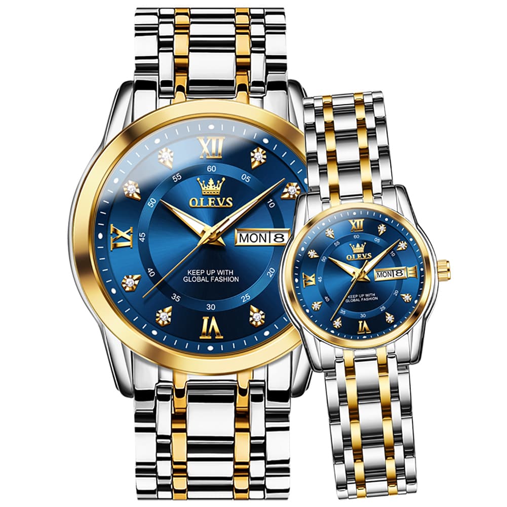 OLEVS Couple Watches Diamond Dial Day Date Quartz Watch 5513 Steel Band for His and Hers