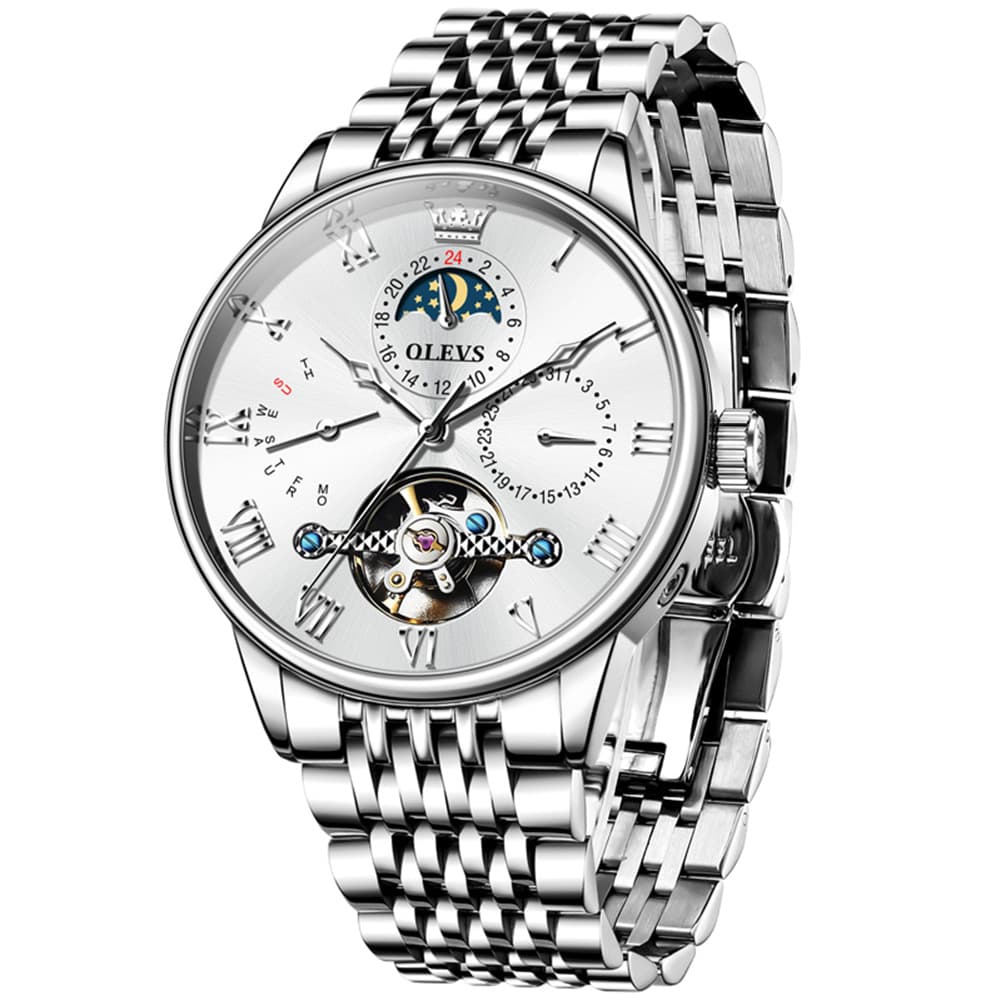 OLEVS 7009 Sun and Moon Skeleton Mechanical Watch for Men