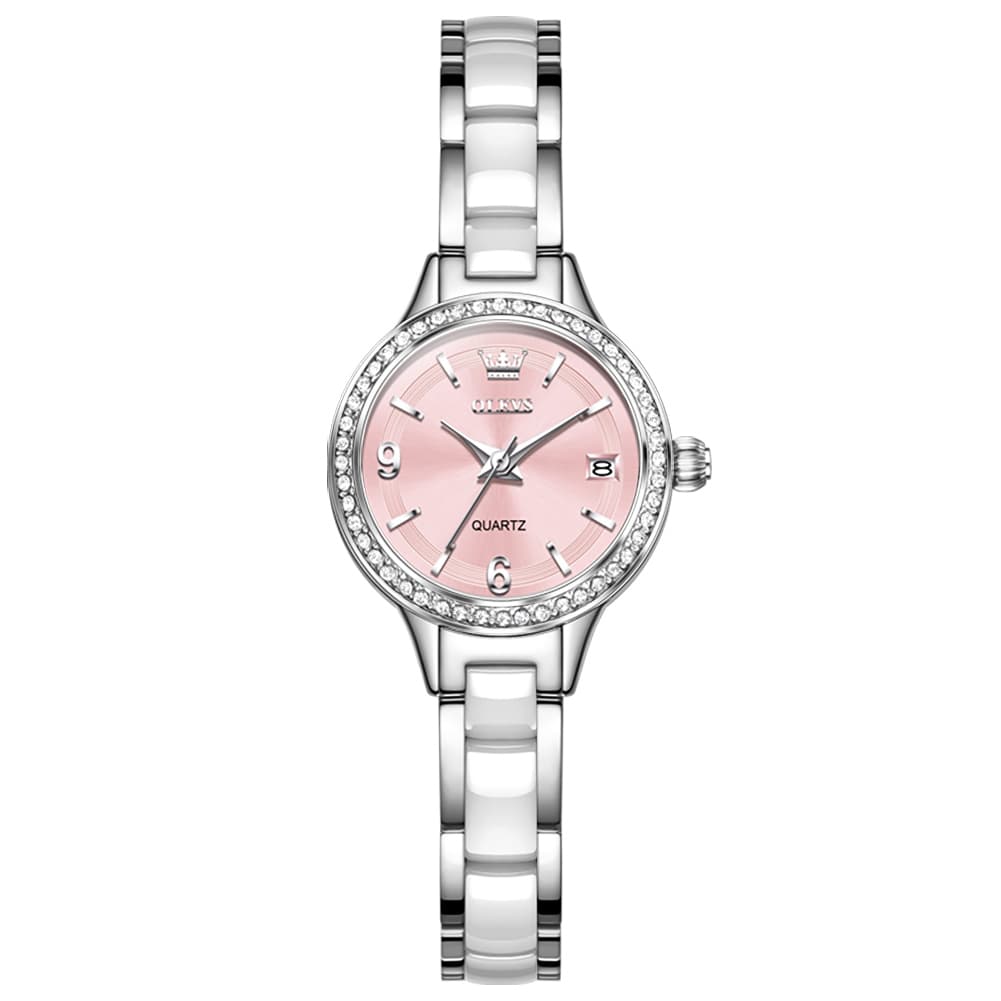 OLEVS 7093 White Ceramic Watch Women Dainty Diamond Bezel Date Quartz Jewelry Timepiece