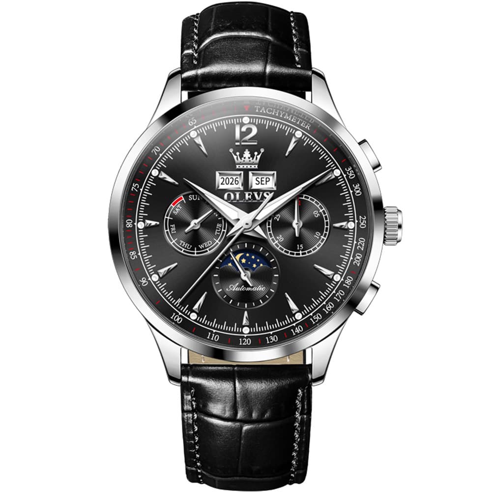OLEVS Moon Phase Automatic Mechanical Watch 7128 Leather Strap for Men