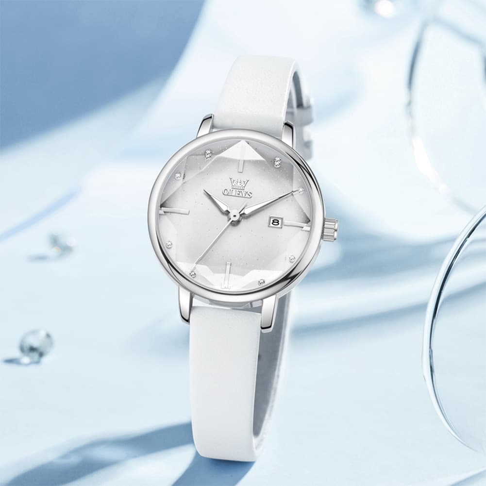 OLEVS 5656 Diamond Cut Faceted Crystal Quartz Watch Leather or Steel Bracelet Elegant Dress Timepiece for Women