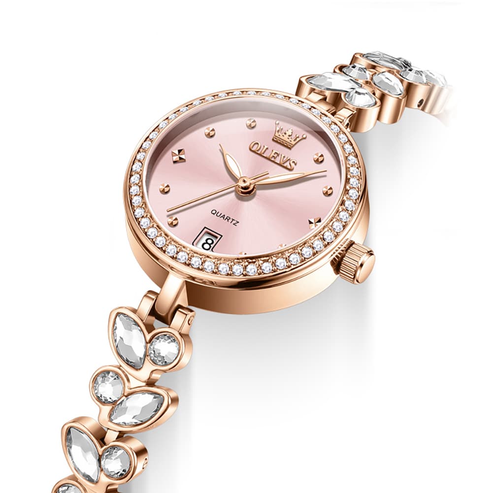 OLEVS 5679 Crystal Cluster Bracelet Watch Zircon Bezel Date Quartz Jewelry Timepiece for Women