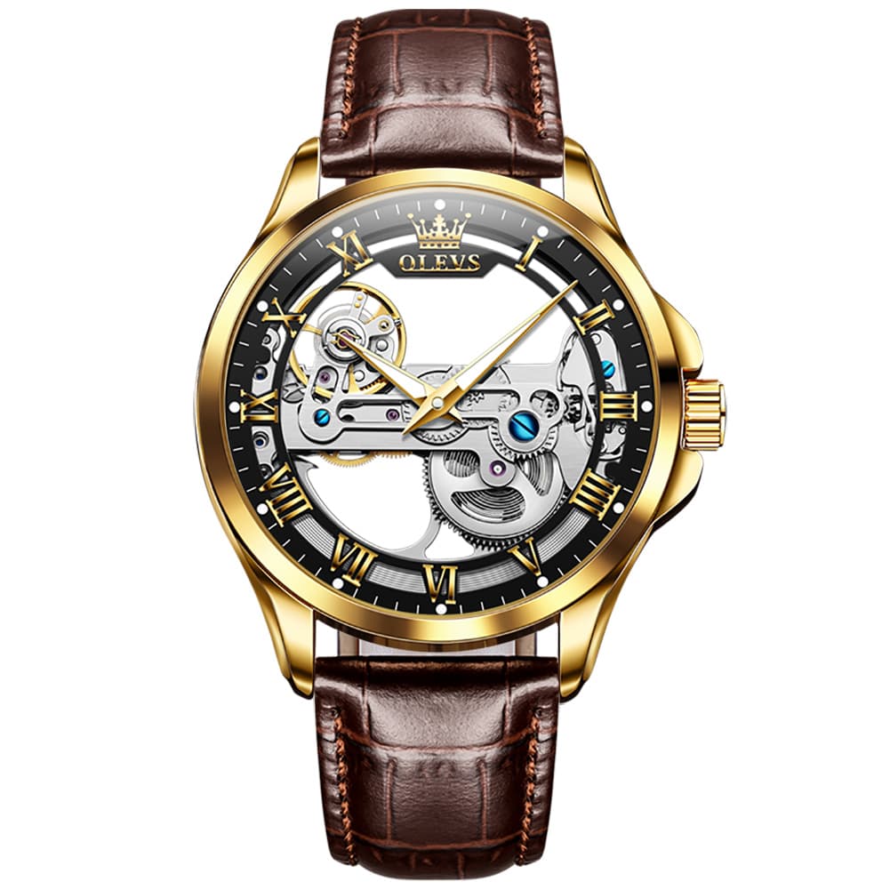 OLEVS 6661 Leather Skeleton Mechanical Watch for Men