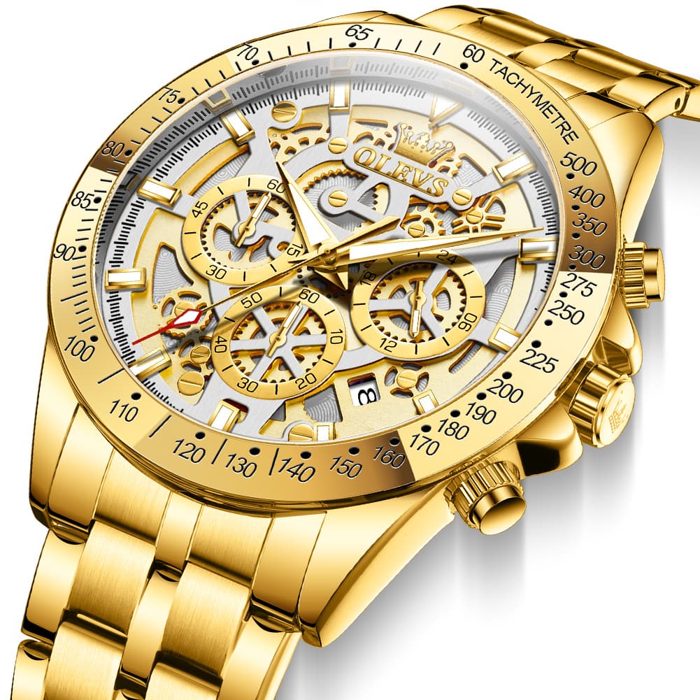OLEVS 9913 Skeleton Dial Chronograph Gold Quartz Watch for Men