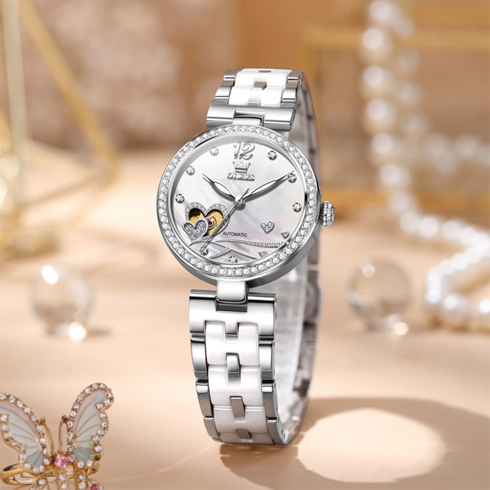 OLEVS 7086 Ceramic Heart Open Heart Automatic Watch For Women