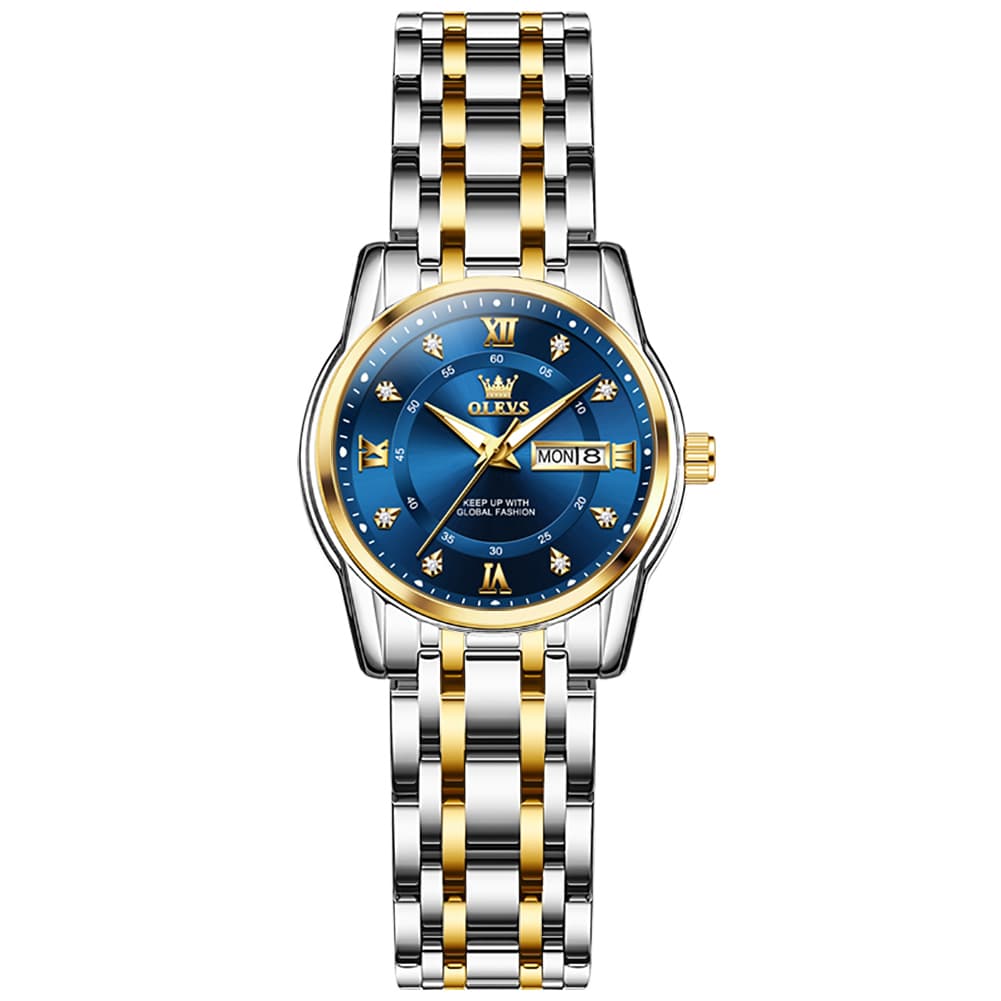 OLEVS Diamond Dial Day Date Quartz Watch 5513 Steel Band for Women