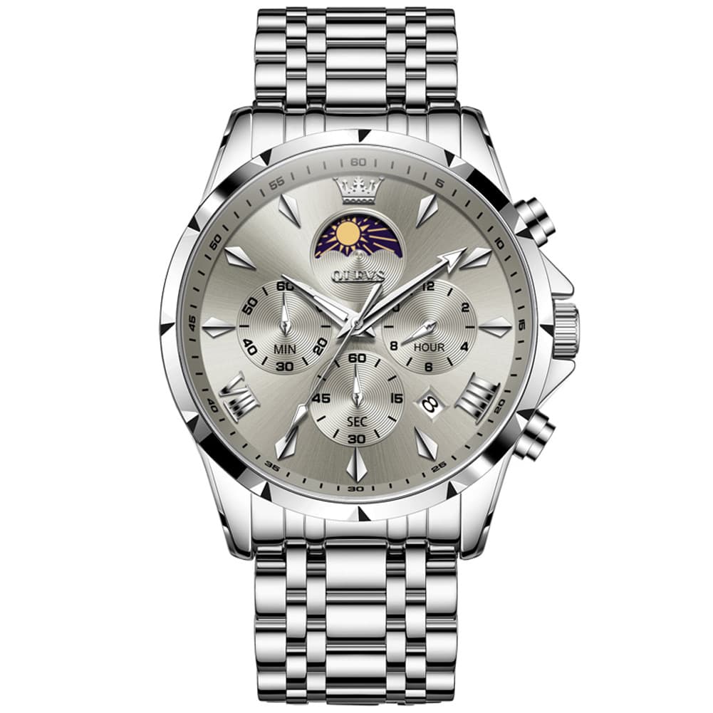 OLEVS 3653 Chronograph Moon Phase Sporty Dial Stainless Steel Watch For Men