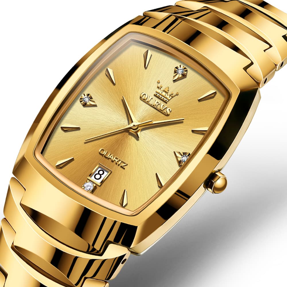OLEVS 7006 Tungsten Steel Watch Tonneau Case Couple Diamond Accent Quartz Luxury Timepiece for Men and Women
