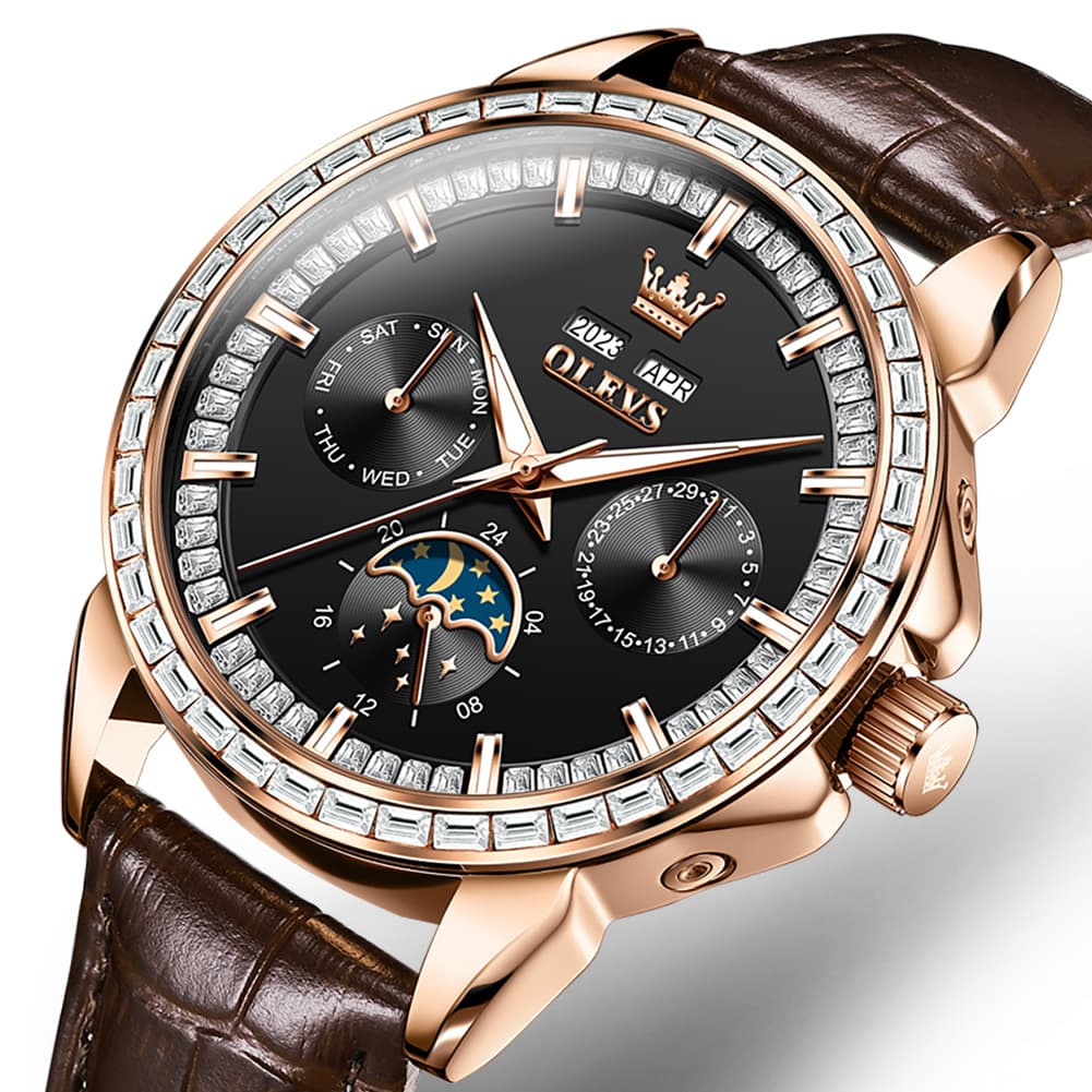 OLEVS 6695P Baguette Diamond Leather Mechanical Watch for Men