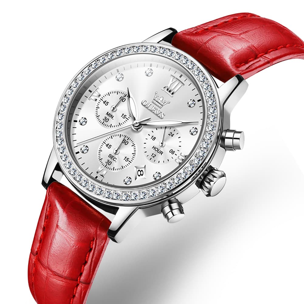 OLEVS 9933 Crystal Bezel Chronograph Leather Watch for Women