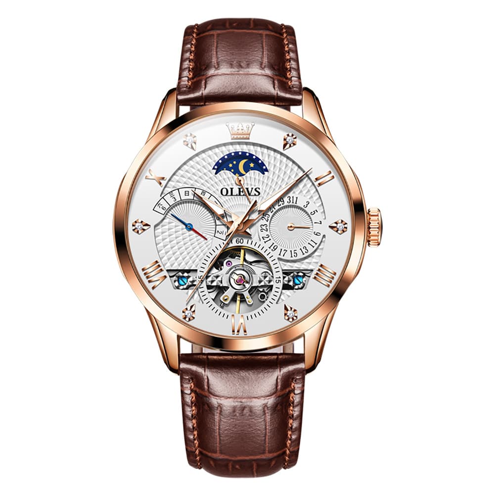 OLEVS 6652 Leather Mechanical Moon Phase Watch for Men