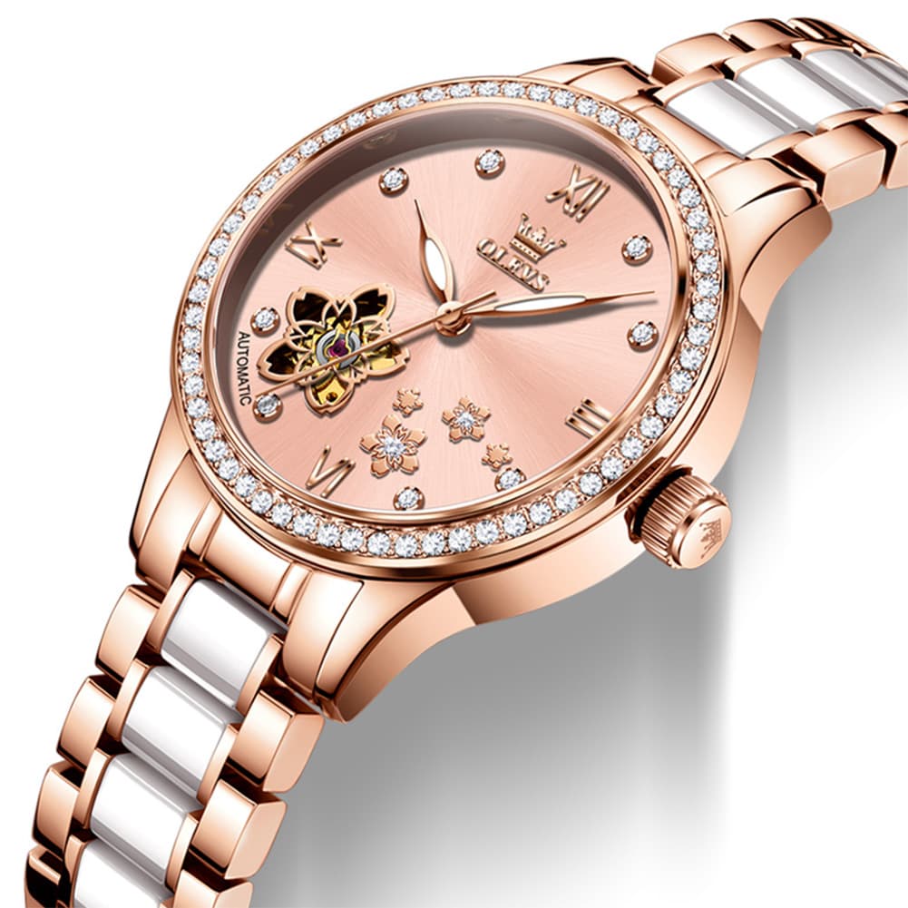 OLEVS 7074 Ceramic Open Heart Automatic Watch For Women