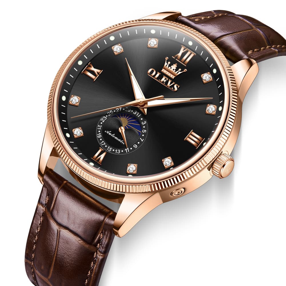 OLEVS 7039 Leather Moon Phase Mechanical Watch For Men