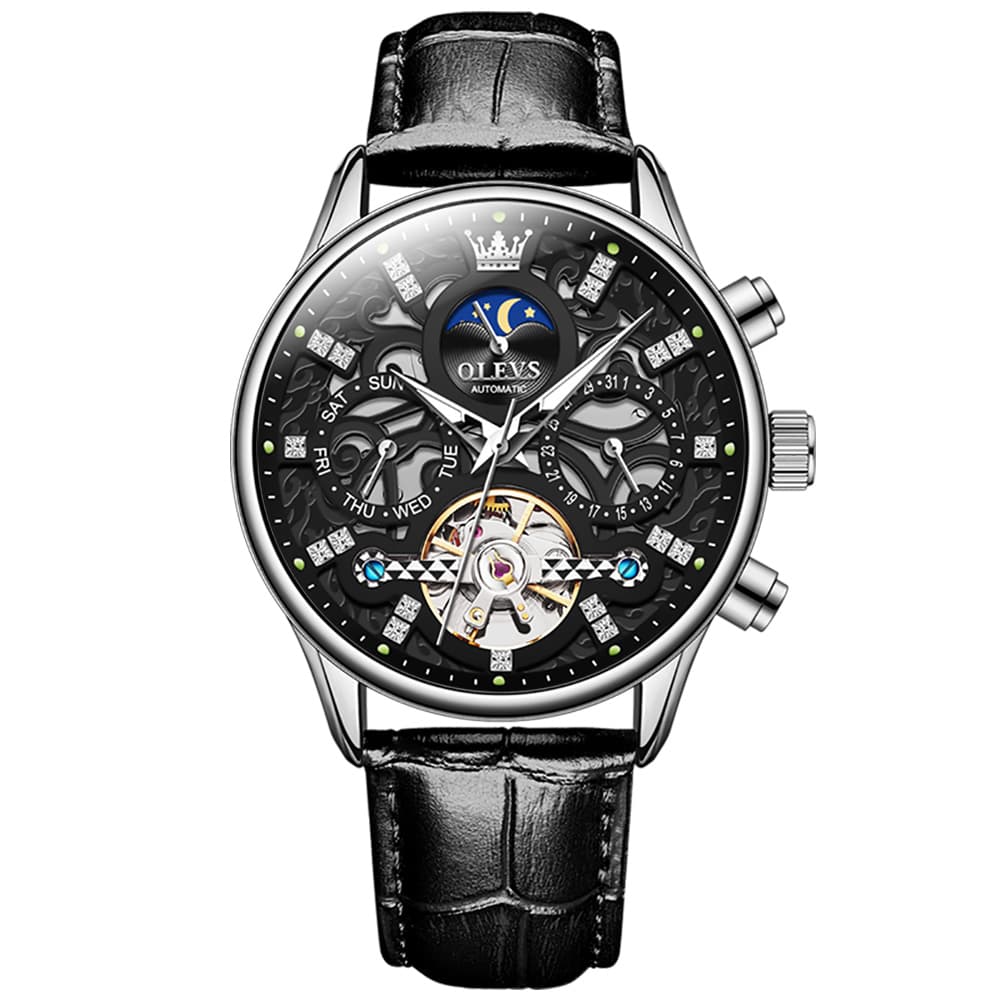 OLEVS 6658 Leather Skeleton Moon Phase Watch for Men