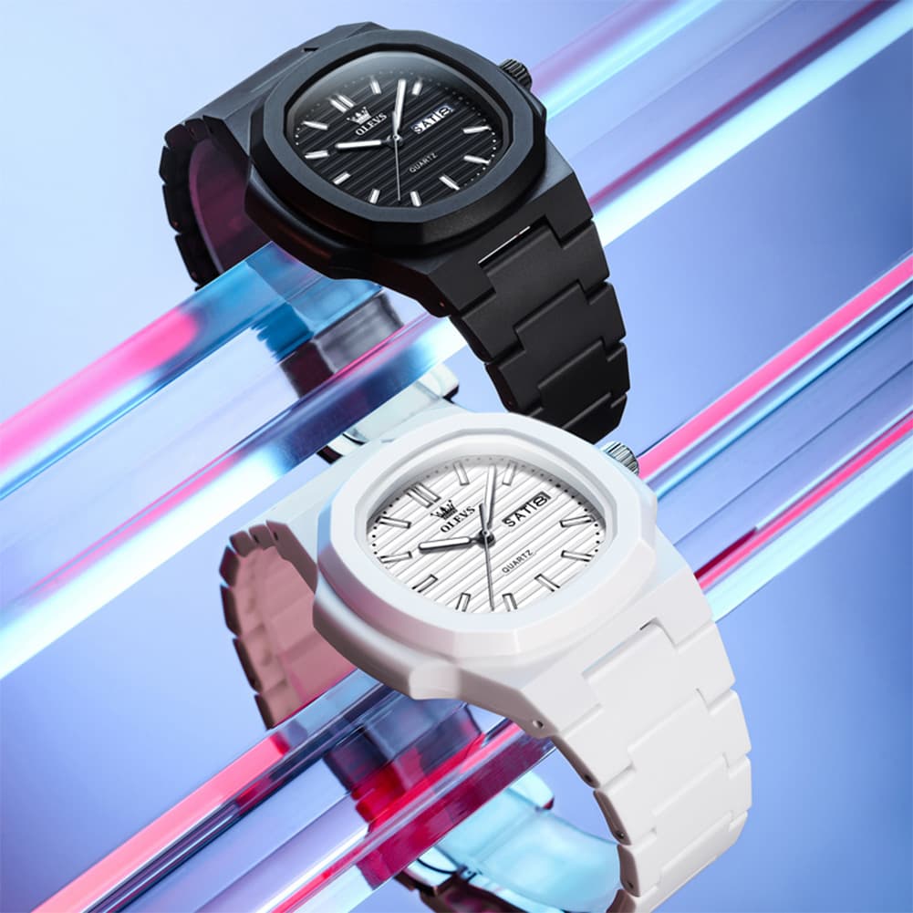 OLEVS Men Streetwear Octagonal Porthole Watch Resin Day Date Quartz 5627