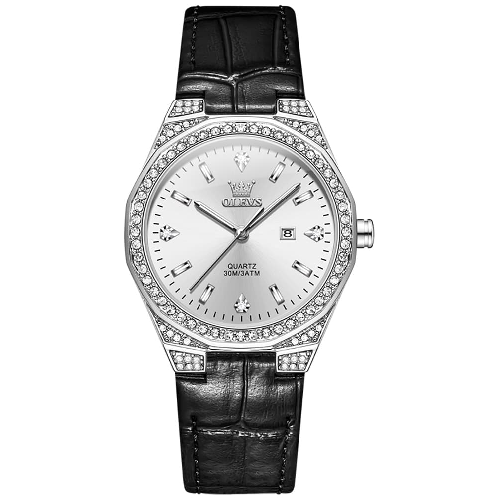 OLEVS Women Octagonal Watch Diamond Bezel Leather Strap Date Quartz 5606