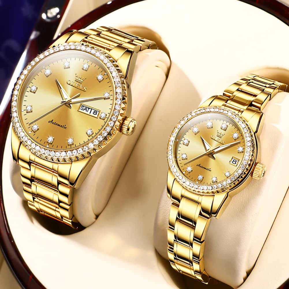OLEVS 7003Q Diamond Bezel Automatic Couple Watch Set