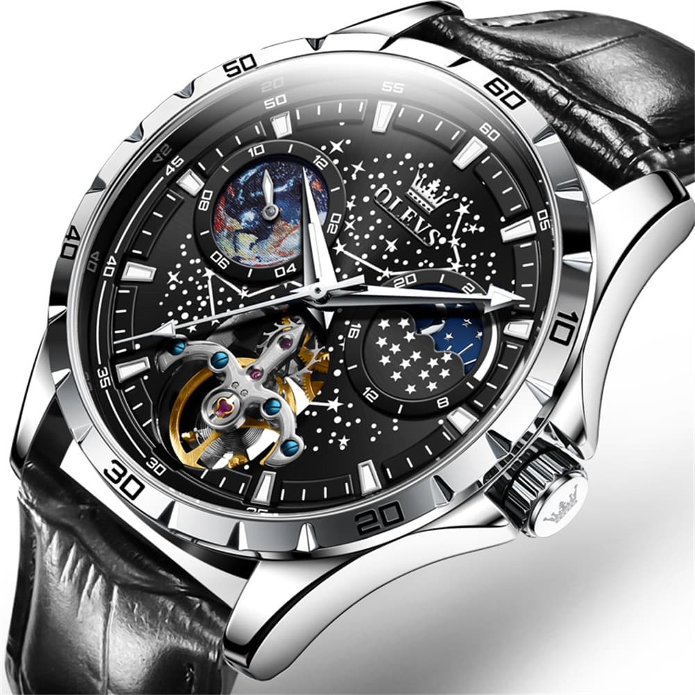 OLEVS 6689 Automatic Skeleton Starry Sky Leather Steel Watch for Men