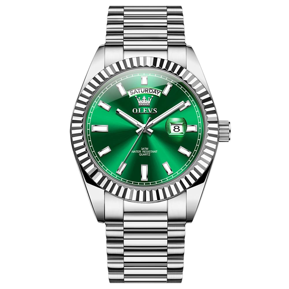 OLEVS 5650 Fluted Bezel Day Date Watch Stainless Steel Quartz Luxury Timepiece for Men