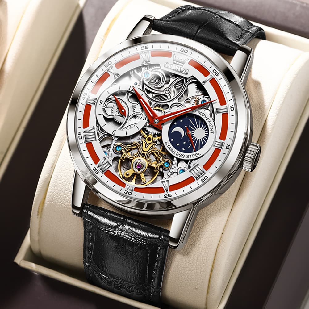 OLEVS 6670P Leather Skeleton Moon Phase Watch for Men