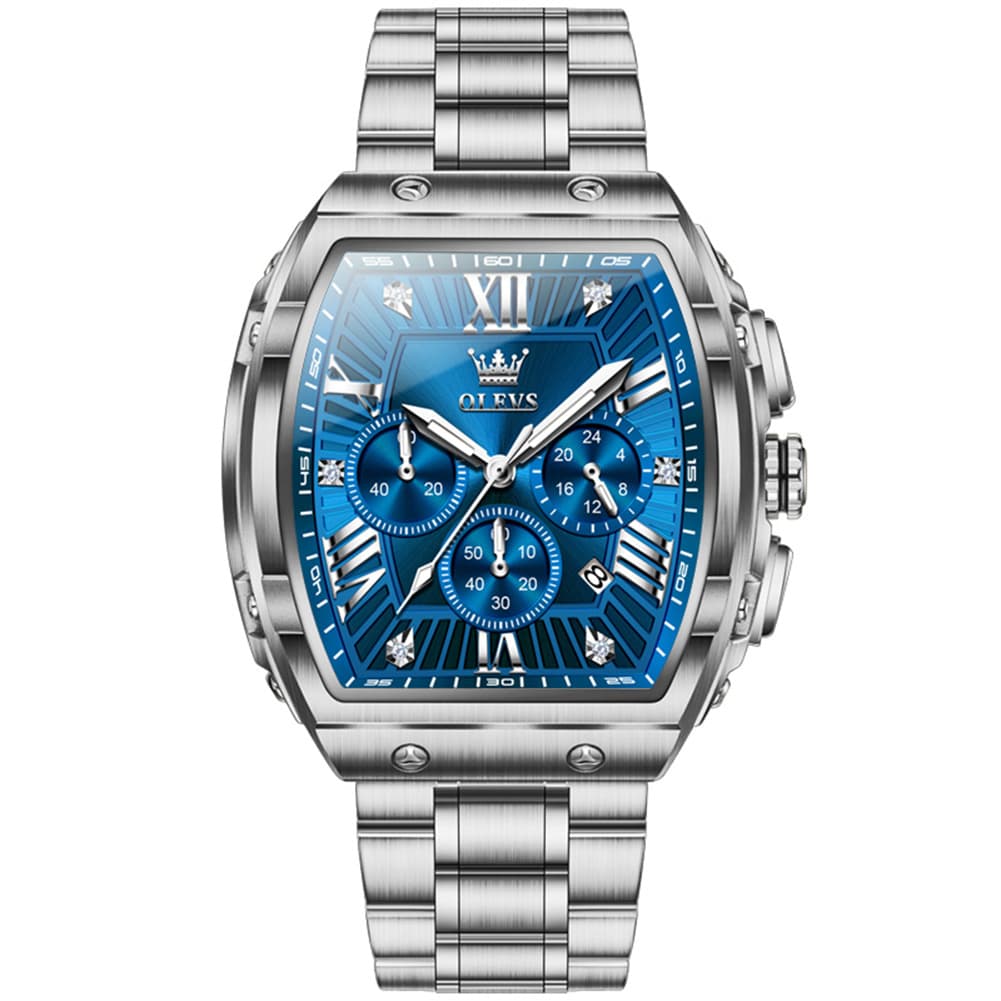 OLEVS Men Tonneau Watch Chronograph Stainless Steel Luxury Quartz 5639