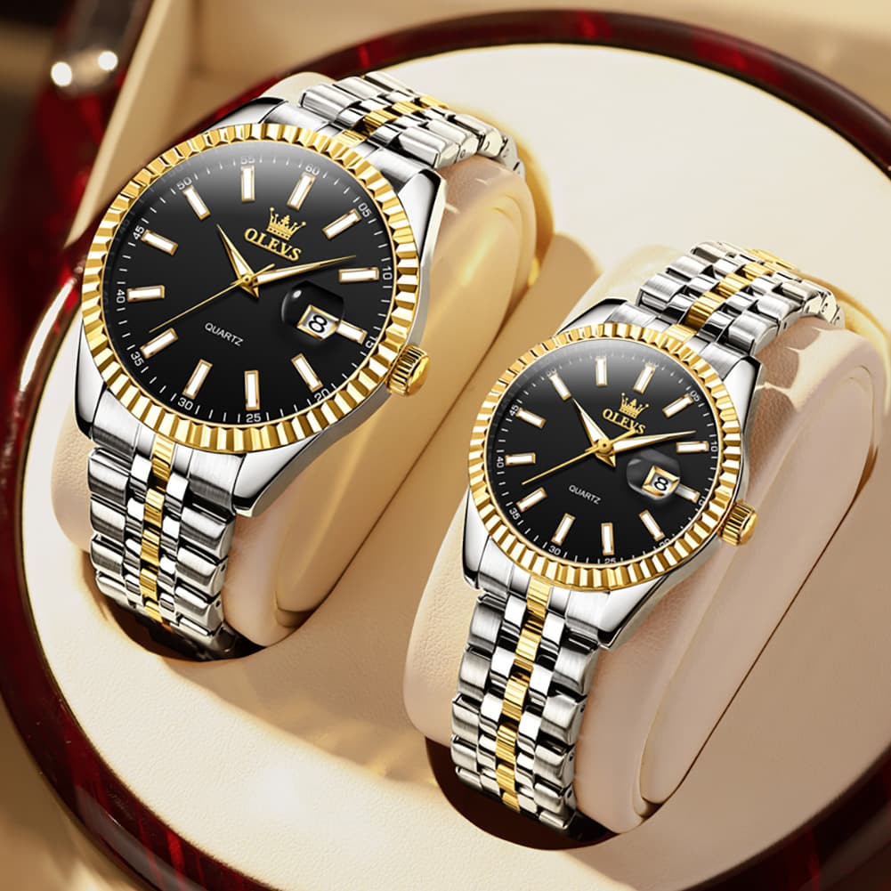 OLEVS Couple Watch Fluted Bezel Two Tone Stainless Steel Date Quartz 5593