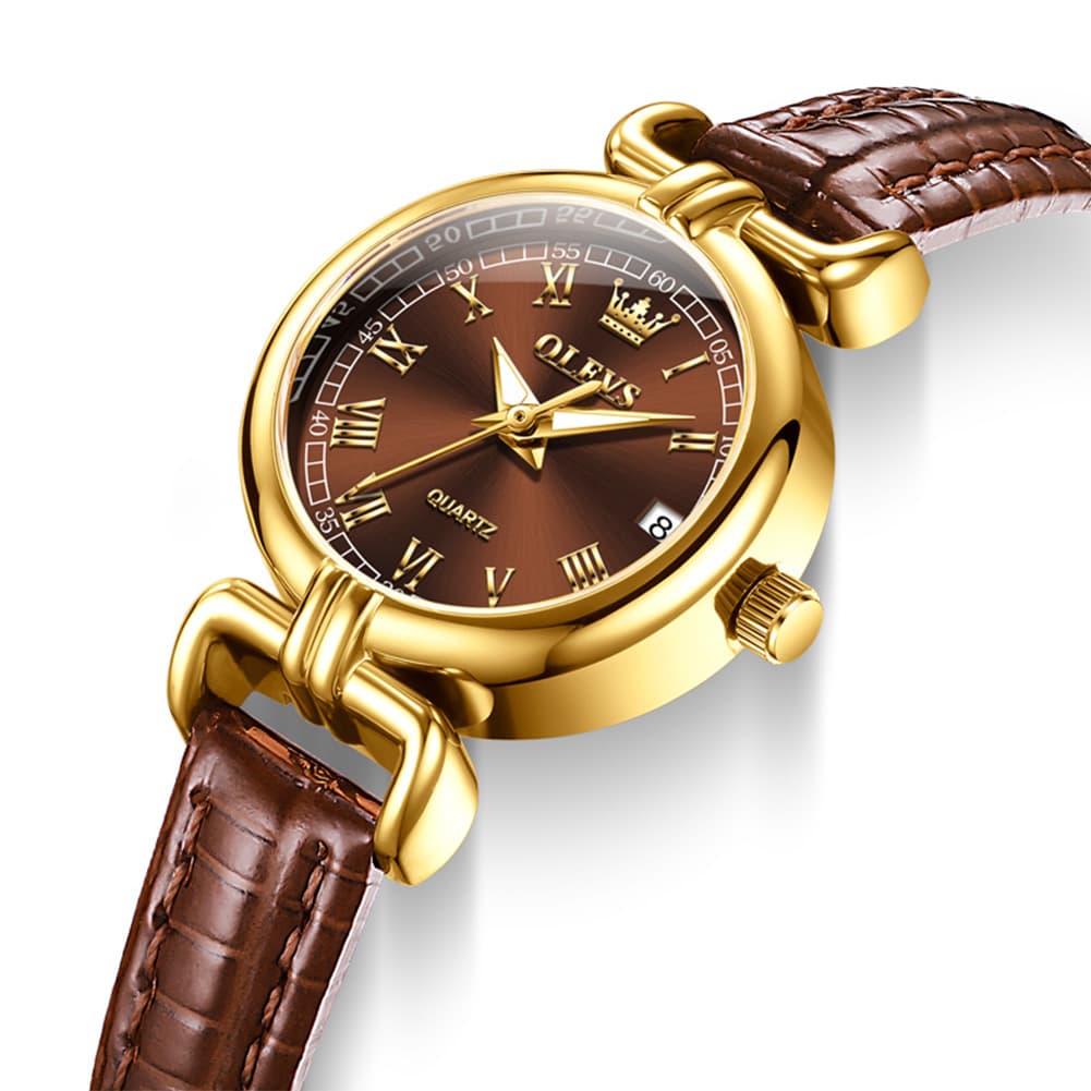 OLEVS Women Vintage Dress Watch Petite 24mm Leather Strap Date Quartz 5645