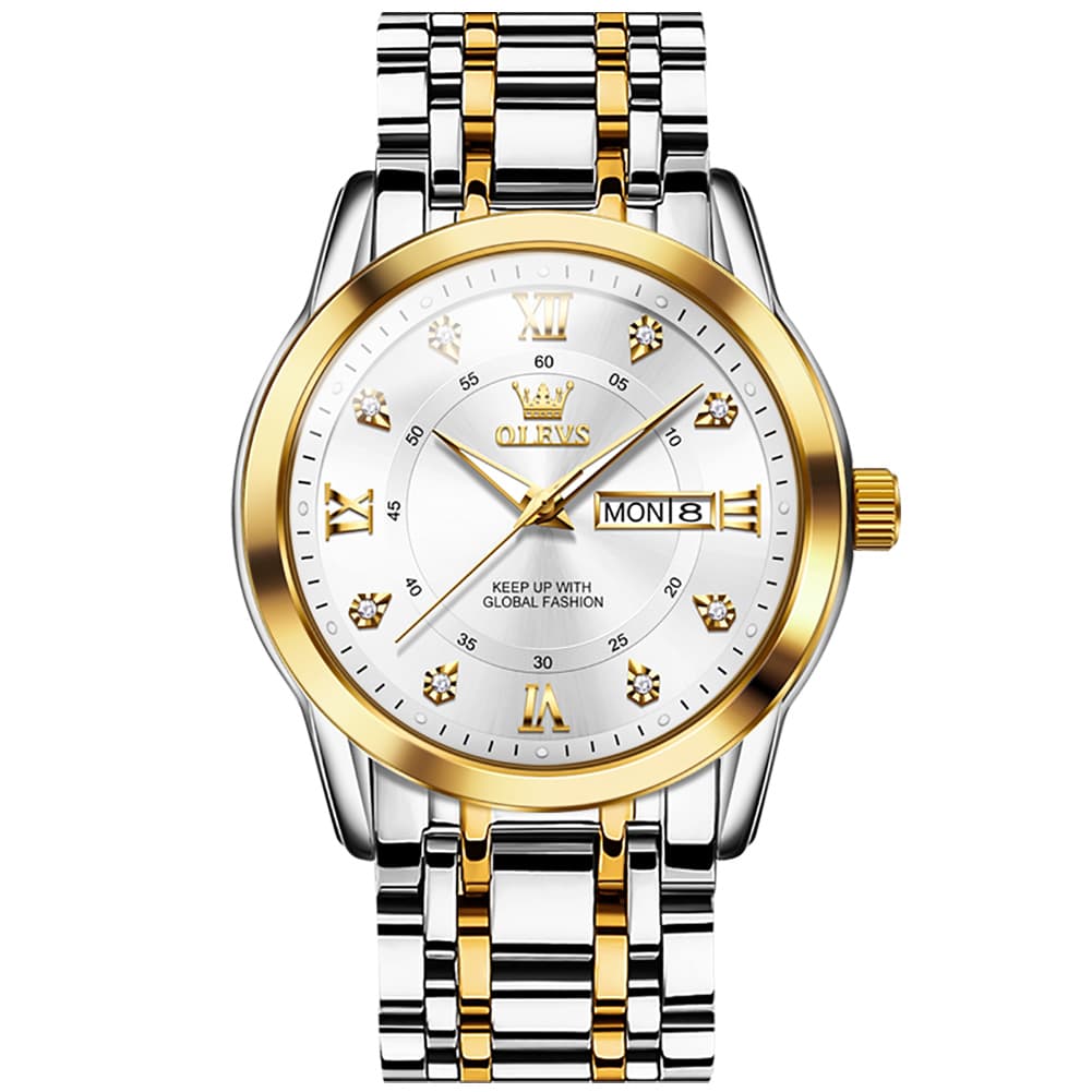 OLEVS Diamond Dial Day Date Quartz Watch 5513 Steel Band for Men