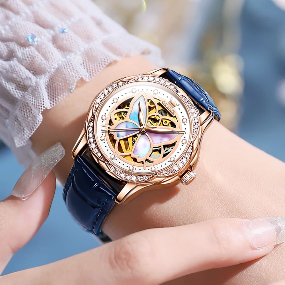 OLEVS 6615 Automatic Skeleton Bright Butterfly Watch Set for Women