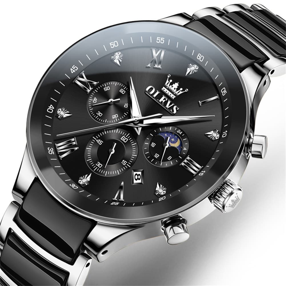 OLEVS 7004 Moon Phase Chronograph Watch Ceramic Link Bracelet Quartz Luxury Timepiece for Men