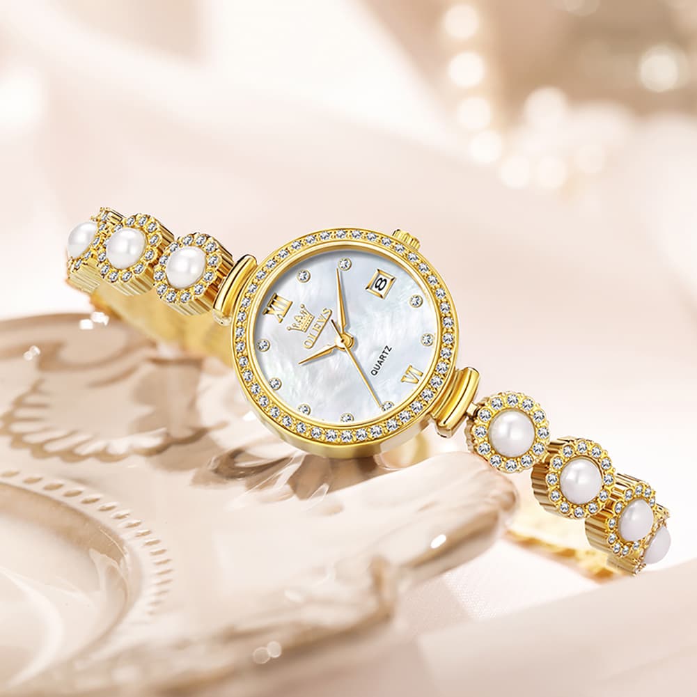 OLEVS Women Pearl Bracelet Watch Diamond Mother of Pearl Date Quartz 5635