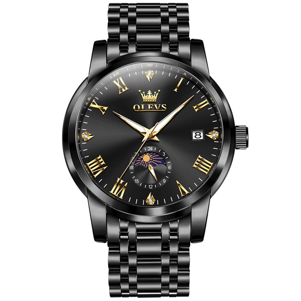 OLEVS 3656 Minimalist Moon Phase Roman Dial Stainless Steel Watch For Men