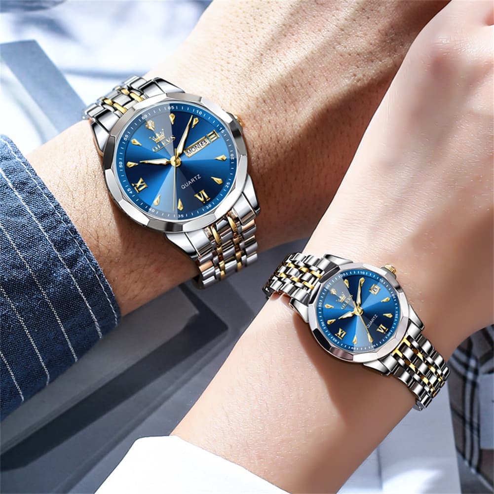 OLEVS 9998 Diamond Cut Glass Couple Dress Watch for Men and Women