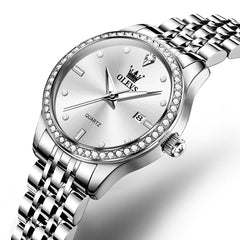 OLEVS 3625 Diamond Bezel Quartz Steel Watch for Women