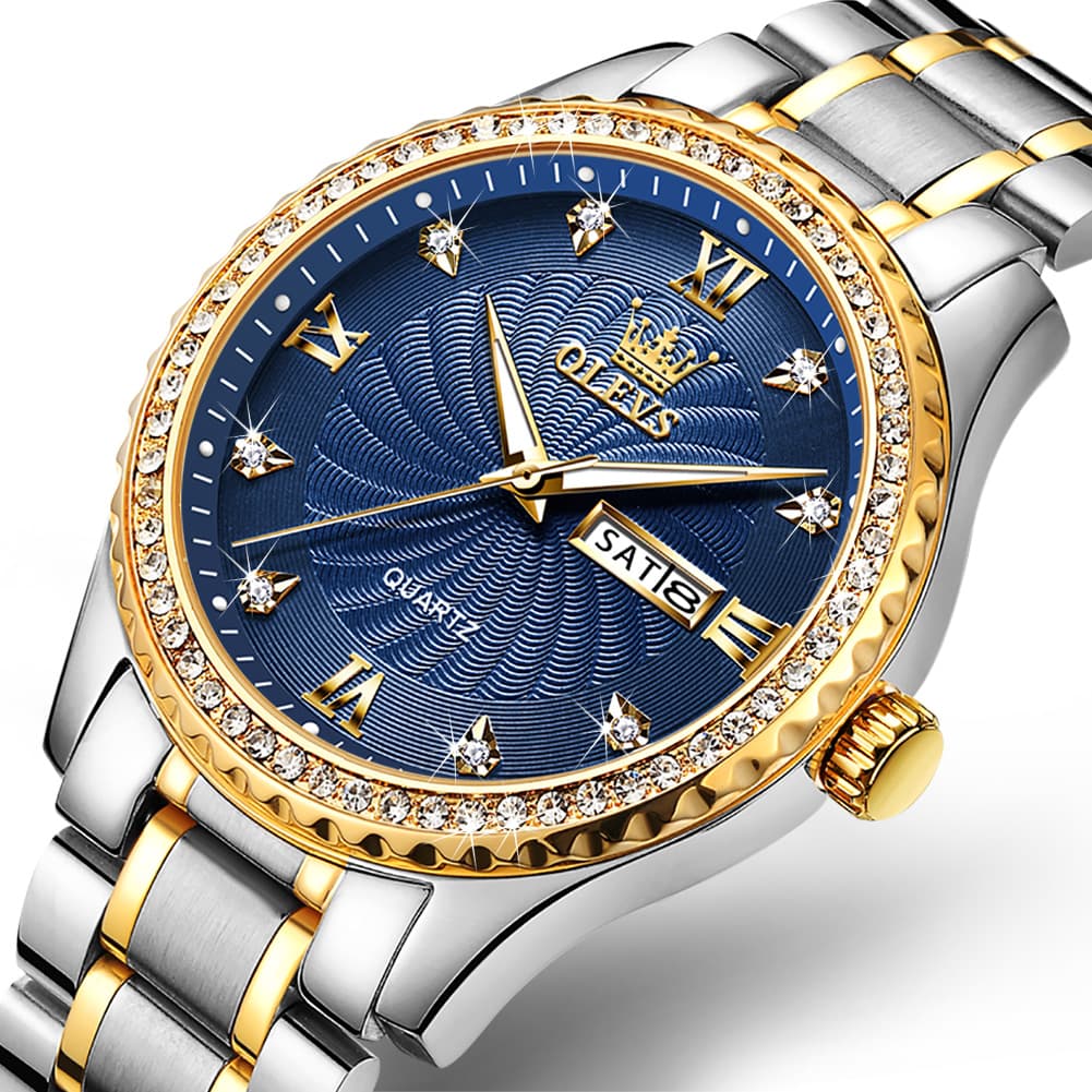 OLEVS Men Diamond Bezel Watch Two Tone Stainless Steel Quartz Day Date 5565