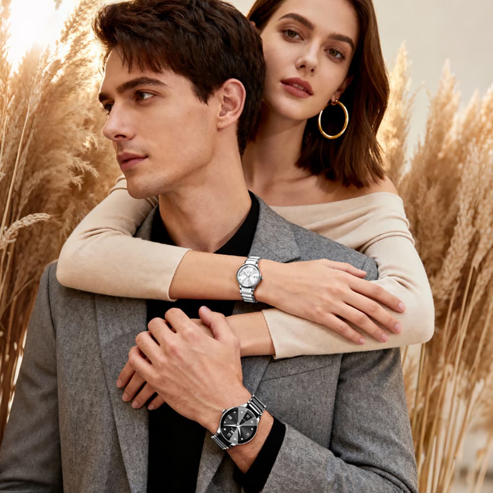 OLEVS 7114 Ceramic Link Watch Couple Date Diamond Accent Quartz Luxury Timepiece for Men and Women